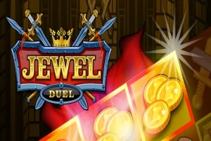 Hình ảnh có logo với chữ Jewel Duel trên nền màu sắc sặc sỡ, kèm theo hình ảnh đồng xu vàng và những thanh kiếm chéo phía sau
