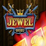 Hình ảnh có logo với chữ Jewel Duel trên nền màu sắc sặc sỡ, kèm theo hình ảnh đồng xu vàng và những thanh kiếm chéo phía sau