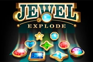 Chữ JEWEL EXPLODE màu vàng nổi bật trên nền đen với các viên đá quý nhiều màu sắc bên dưới