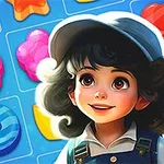 Cô gái nhỏ dễ thương đội mũ, đứng trước nền hình các viên kẹo màu sắc khác nhau