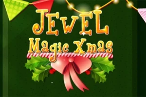 Chữ Jewel Magic Xmas được trang trí với dây đèn, cờ, và cành lá xanh có nơ đỏ trên nền xanh lá cây