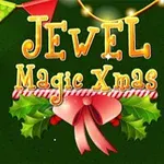 Chữ Jewel Magic Xmas được trang trí với dây đèn, cờ, và cành lá xanh có nơ đỏ trên nền xanh lá cây