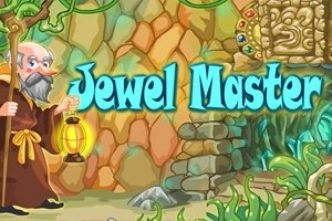 Một ông lão cầm đèn lồng đứng trước bức tường đá với dòng chữ Jewel Master màu xanh, xung quanh là cây cỏ và họa tiết cổ xưa