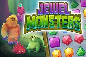 Các quái vật hoạt hình đầy màu sắc đứng cạnh chữ Jewel Monsters với các viên ngọc đa dạng sắc màu xuất hiện bên phải