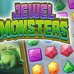 Các quái vật hoạt hình đầy màu sắc đứng cạnh chữ Jewel Monsters với các viên ngọc đa dạng sắc màu xuất hiện bên phải