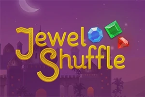 Dòng chữ Jewel Shuffle nổi bật với ba viên đá quý nhiều màu sắc phía trên nền cảnh một lâu đài trong đêm