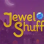 Dòng chữ Jewel Shuffle nổi bật với ba viên đá quý nhiều màu sắc phía trên nền cảnh một lâu đài trong đêm