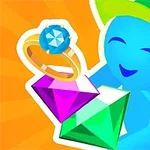 Nhân vật màu xanh đội mũ lưỡi trai xanh lá đang cầm viên kim cương tím và xanh lá cùng chiếc nhẫn có viên đá quý màu xanh dương trên nền cam