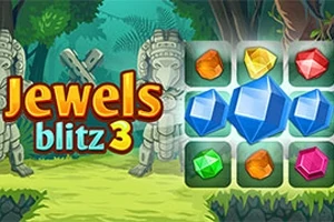 Hình ảnh có dòng chữ lớn Jewels Blitz 3 bên cạnh các viên đá quý nhiều màu sắc đặt trên nền rừng xanh với hai bức tượng đá