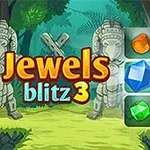 Hình ảnh có dòng chữ lớn Jewels Blitz 3 bên cạnh các viên đá quý nhiều màu sắc đặt trên nền rừng xanh với hai bức tượng đá