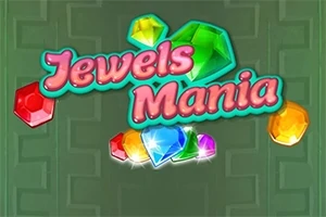 Chữ Jewels Mania màu hồng nổi bật với các viên đá quý nhiều màu sắc xung quanh trên nền xanh lá