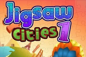 Hình ảnh có dòng chữ Jigsaw Cities 1 màu sắc nổi bật, với nền là các mảnh ghép và hình dạng thành phố