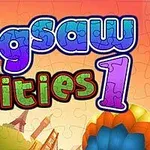 Hình ảnh có dòng chữ Jigsaw Cities 1 màu sắc nổi bật, với nền là các mảnh ghép và hình dạng thành phố