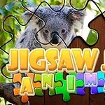 Một chú gấu koala được ghép trong mảnh ghép hình nền có tiêu đề Jigsaw Jam Animal với chữ cái màu sắc