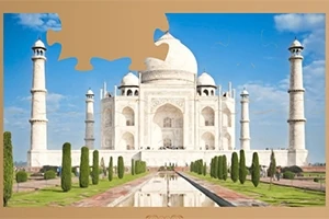 Hình ảnh một bức tranh ghép hình Taj Mahal với một mảnh còn thiếu ở góc trên bên trái