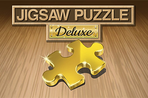 Hai mảnh ghép màu vàng sáng bóng đặt trên nền gỗ với tiêu đề Jigsaw Puzzle Deluxe phía trên