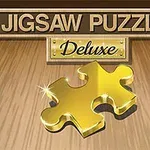 Hai mảnh ghép màu vàng sáng bóng đặt trên nền gỗ với tiêu đề Jigsaw Puzzle Deluxe phía trên