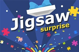Nền màu xanh đậm với chữ Jigsaw surprise, các mảnh ghép hình đầy màu sắc và hiệu ứng pháo hoa
