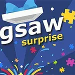Nền màu xanh đậm với chữ Jigsaw surprise, các mảnh ghép hình đầy màu sắc và hiệu ứng pháo hoa