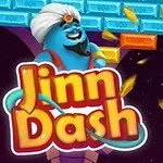 Một nhân vật màu xanh đội khăn xếp đang cười bên cạnh tên Jinn Dash với quả bóng va chạm các khối gạch nhiều màu sắc