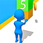 Nhân vật màu xanh đang chạy trên đường với hình khối số năm màu xanh lá và đồng xu vàng phía trước