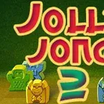 Chữ Jolly Jong 2 màu đỏ và vàng nổi bật trên nền xanh, với các tượng nhỏ nhiều màu ở dưới