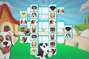Hình ảnh có các khối vuông với hình vẽ khuôn mặt chó trên nền cảnh đồng quê với nhà chó và bãi cỏ xanh