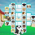 Hình ảnh có các khối vuông với hình vẽ khuôn mặt chó trên nền cảnh đồng quê với nhà chó và bãi cỏ xanh