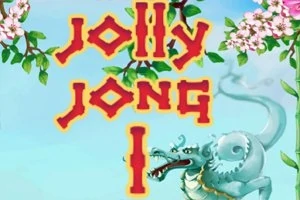 Dòng chữ màu đỏ jolly jong I nổi bật trên nền xanh trời, xung quanh là hoa anh đào và một con rồng xanh