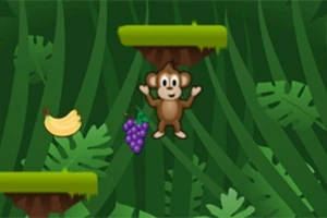 Jolly Jumper Một chú khỉ hoạt hình đứng giữa các nền tảng xanh lá trong rừng, với một chùm nho và một quả chuối bên cạnh