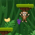 Jolly Jumper Một chú khỉ hoạt hình đứng giữa các nền tảng xanh lá trong rừng, với một chùm nho và một quả chuối bên cạnh