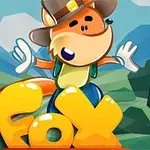 Một con cáo hoạt hình đội mũ và găng tay đứng trước chữ Fox lớn màu vàng với nền là cảnh núi xanh