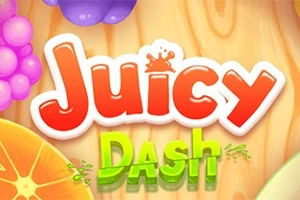 Dòng chữ Juicy Dash phong cách hoạt hình với nền gỗ và các loại trái cây như nho và cam ở góc