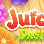 Dòng chữ Juicy Dash phong cách hoạt hình với nền gỗ và các loại trái cây như nho và cam ở góc