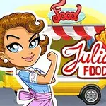 Người phụ nữ hoạt hình đứng trước xe tải bán thức ăn với dòng chữ Julia’s Food Truck, bên cạnh là hình ảnh burger và khoai tây chiên