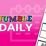 Hình ảnh có nền hồng với chữ JUMBLE DAILY bên trái và một phần của một câu đố chữ cái ở bên phải