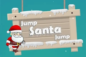 Ông già Noel đứng bên cạnh một tấm biển gỗ phủ tuyết với chữ Jump Santa Jump trên nền xanh