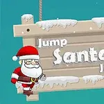 Ông già Noel đứng bên cạnh một tấm biển gỗ phủ tuyết với chữ Jump Santa Jump trên nền xanh