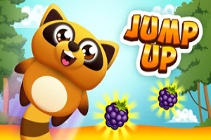 Hình ảnh một con gấu trúc vui vẻ với dòng chữ Jump Up, có các trái mâm xôi màu tím phát sáng xung quanh, nền là khung cảnh rừng cây xanh