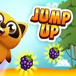 Hình ảnh một con gấu trúc vui vẻ với dòng chữ Jump Up, có các trái mâm xôi màu tím phát sáng xung quanh, nền là khung cảnh rừng cây xanh