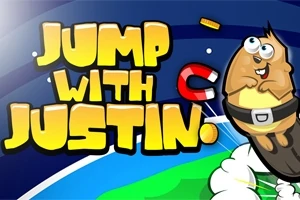 Hình ảnh một chú sóc bay lên với phông nền màu xanh dương, tiêu đề Jump with Justin và một nam châm lơ lửng cùng với các mảnh nhỏ màu vàng xung quanh