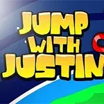 Hình ảnh một chú sóc bay lên với phông nền màu xanh dương, tiêu đề Jump with Justin và một nam châm lơ lửng cùng với các mảnh nhỏ màu vàng xung quanh