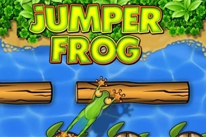 Một chú ếch xanh nhảy qua các khúc gỗ trên mặt nước với dòng chữ lớn Jumper Frog phía trên