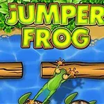 Một chú ếch xanh nhảy qua các khúc gỗ trên mặt nước với dòng chữ lớn Jumper Frog phía trên