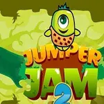 Một nhân vật hoạt hình mắt to đứng trên chữ Jumper Jam 2 với nền xanh lá cây