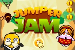 Hình ảnh có chữ Jumper Jam với hai nhân vật hoạt hình, một con nhện bên trái đang treo lơ lửng và một bàn tay chỉ vào một nút ở giữa