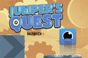 Logo chữ Jumper’s Quest trên nền sa mạc phong cách hoạt hình, kèm nhân vật vuông màu xanh và các khối chướng ngại
