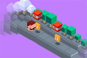 Nhân vật pixel đi trên con đường với các đồng xu, cây cối và nhà cửa trên nền màu tím