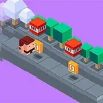 Nhân vật pixel đi trên con đường với các đồng xu, cây cối và nhà cửa trên nền màu tím