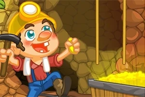 Một người thợ mỏ hoạt hình đang cầm búa, đội mũ bảo hộ có đèn, vui vẻ cầm một cục vàng đứng trong hầm mỏ